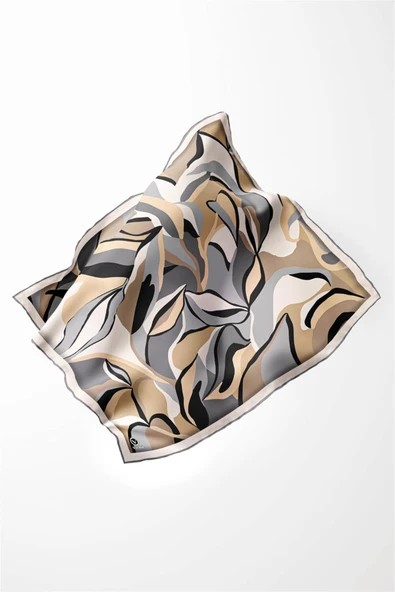 Twilll Büyük Yaprak Desenli Gri - Bej Renkli 90x90 Eşarp (İpek İçermez) Kenar Dikiş Şekli El Dikişli - Resim 3