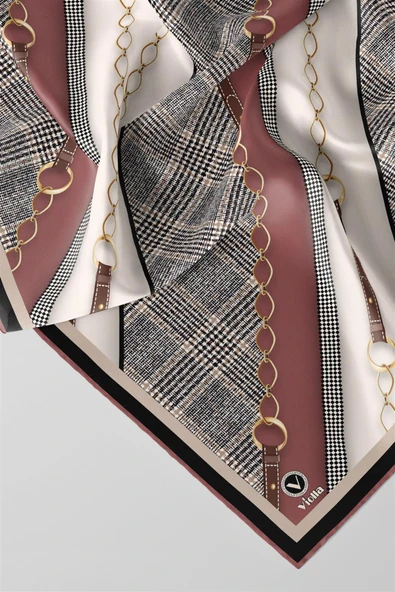 Twill Kemer Desenli Pudra Renkli 90x90 Eşarp (İpek İçermez) Kenar Dikiş Şekli El Dikişli - Resim 2