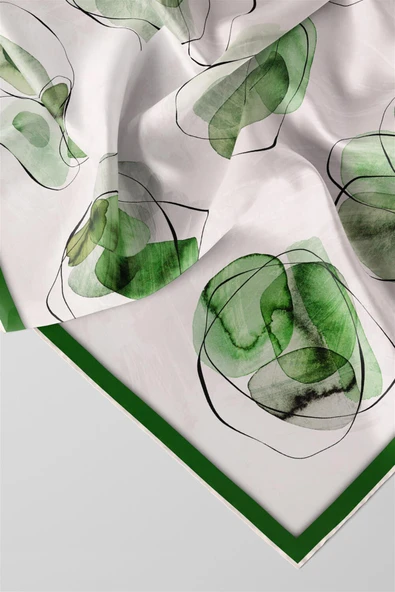 Twill Sulu Boya Geometrik Desenli Zümrüt Yeşili Renkli 90x90 Eşarp (İpek İçermez) Kenar Dikiş Şekli El Dikişli - Resim 2