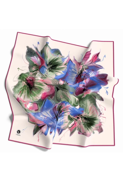 Twill Çiçek Desenli Pembe - Saks Renkli 90x90 Eşarp (İpek İçermez) Kenar Dikiş Şekli El Dikişli ürün görseli