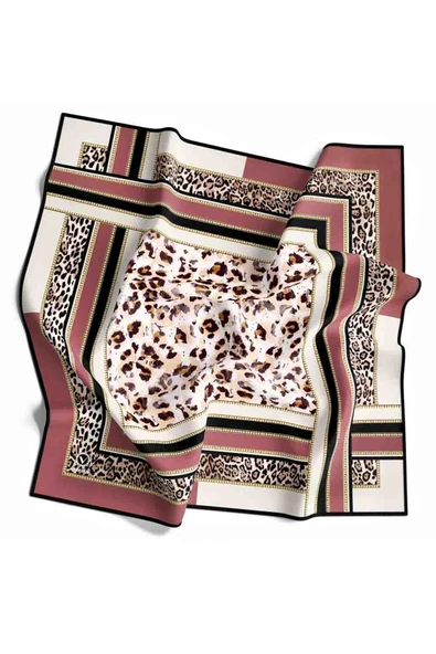 Twill Kemerli ve Leopar Desenli Gül Kurusu Renkli 90x90 Eşarp (İpek İçermez) Dikim Şekli : El Dikişi - Resim 2