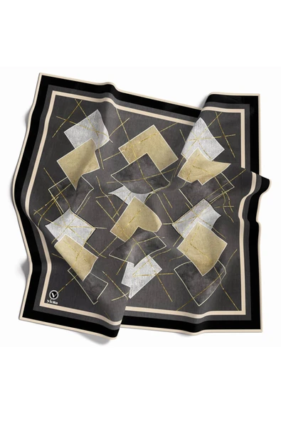 Twill Geometrik Desenli Gri Renkli 90x90 Eşarp (İpek İçermez) Kenar Dikiş Şekli El Dikişli ürün görseli