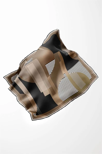 Twill Çizgili Ve Geometrik Desenli Bej Renkli 90x90 Eşarp (İpek İçermez) Kenar Dikiş Şekli El Dikişli - Resim 3