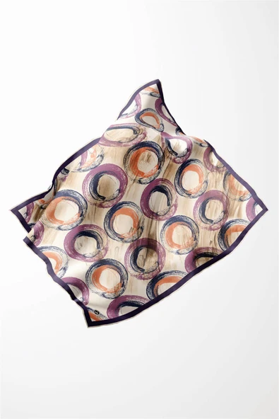 Twill Geometrik Fırça Darbesi Desenli Mor Renkli 90x90 Eşarp (İpek İçermez) Kenar Dikiş Şekli El Dikişli - Resim 2