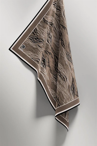 Twill Soyut Çizgi Desenli Vizon Renkli 90x90 Eşarp (İpek İçermez) Kenar Dikiş Şekli El Dikişli - Resim 4