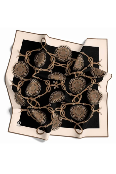 Twill Kemerli Ve Geometrik Desenli Bej Renkli 90x90 Eşarp (İpek İçermez) Kenar Dikiş Şekli El Dikişli - Resim 2