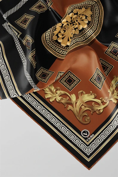 Twill Barok Desenli Taba Renkli 90x90 Eşarp (İpek İçermez) Kenar Dikiş Şekli El Dikişli - Resim 2