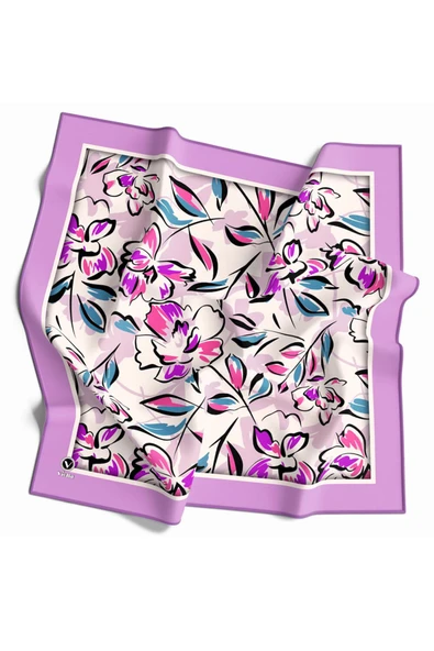 Rayon Bordürlü Çiçek Desenli Lila Renkli 90x90 Dikim Şekli : El Dikişi Eşarp (İpek İçermez) ürün görseli