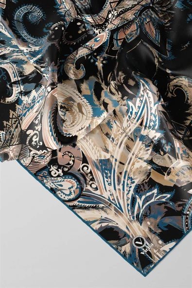 Twill Şal Desenli Petrol Yeşili Renkli 90x90 Eşarp (İpek İçermez) Kenar Dikiş Şekli El Dikişli - Resim 2