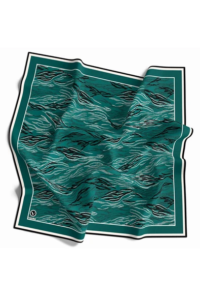 Twill Soyut Çizgi Desenli Petrol Yeşili Renkli 90x90 Eşarp (İpek İçermez) Kenar Dikiş Şekli El Dikişli ürün görseli