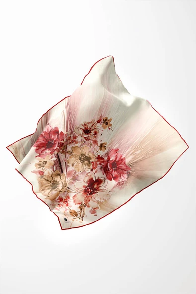 Twill Çiçek Desenli Bordo Renkli 90x90 Eşarp (İpek İçermez) Kenar Dikiş Şekli El Dikişli - Resim 3
