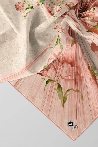 Twill Çiçekli Desenli Somon Renkli 90x90 Eşarp (İpek İçermez) Kenar Dikiş Şekli El Dikişli - Resim 2