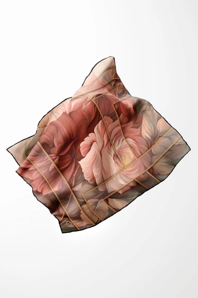 Twill Gül Desenli Somon - Mint Yeşili Renkli 90x90 Eşarp (İpek İçermez) Kenar Dikiş Şekli El Dikişli - Resim 3