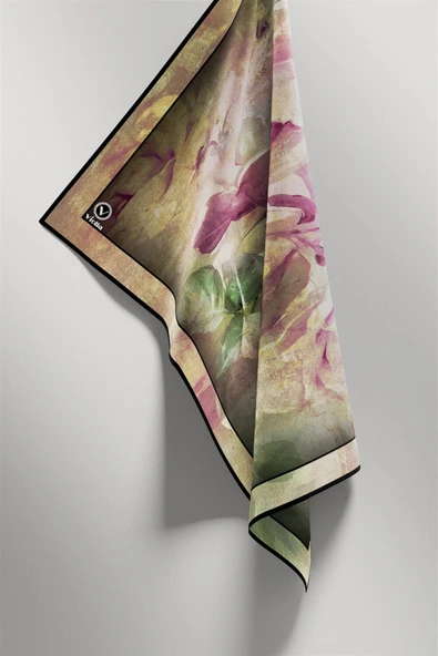 Twill Sulu Boyalı Çiçek Desenli Pembe Renkli 90x90 Eşarp (İpek İçermez) Kenar Dikiş Şekli El Dikişli - Resim 4