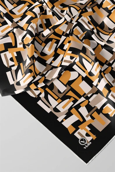 Twill Geometrik Desenli Hardal - Bej Renkli 90x90 Eşarp (İpek İçermez) Dikim Şekli : El Dikişi - Resim 2