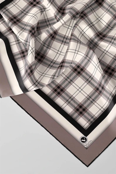 Twill Ekose Desenli Bej Renkli 90x90 Eşarp (İpek İçermez) Kenar Dikiş Şekli El Dikişli - Resim 2