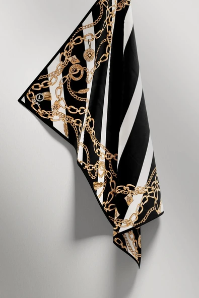 Twill Çizgili Zincir Desenli Siyah Renkli 90x90 Eşarp (İpek İçermez) Kenar Dikiş Şekli El Dikişli - Resim 6