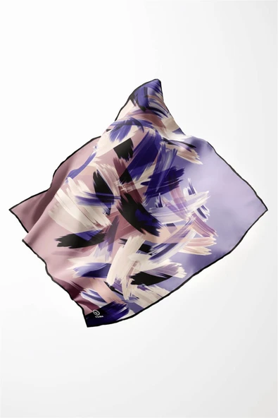 Twill Fırça Desenli Lila Renkli 90x90 Eşarp (İpek İçermez) Kenar Dikiş Şekli El Dikişli - Resim 4