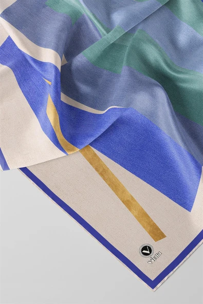 Twill Geometrik Desenli İndigo Renkli 90x90 Eşarp (İpek İçermez) Kenar Dikiş Şekli El Dikişli - Resim 2