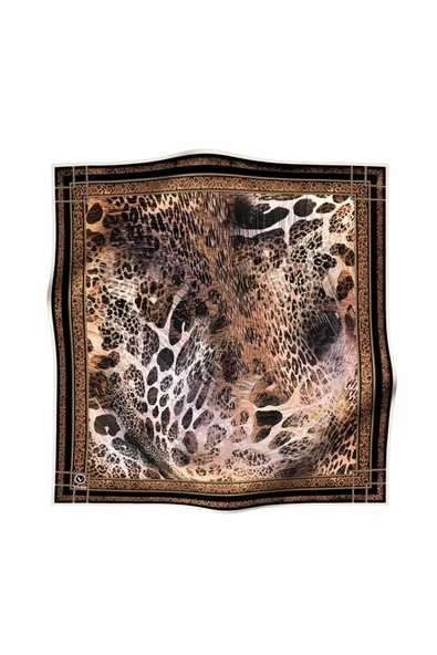 Twill Leopar Desenli Siyah Renkli 90x90 Eşarp (İpek İçermez) Kenar Dikiş Şekli El Dikişli - Resim 2
