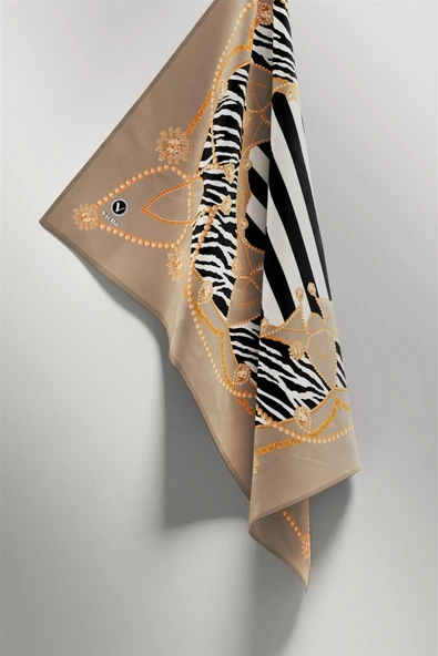 Twill Gold Detaylı Zebra Desenli Bej Renkli 90x90 Eşarp (İpek İçermez) Kenar Dikiş Şekli El Dikişli - Resim 5