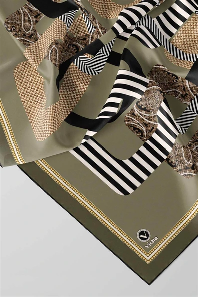 Twill Geometrik Desenli Haki Renkli 90x90 Eşarp (İpek İçermez) Kenar Dikiş Şekli El Dikişli - Resim 2