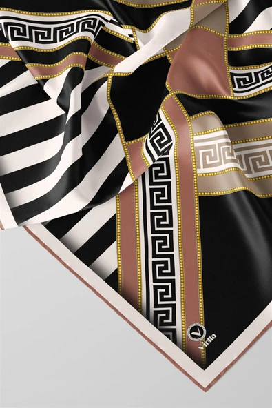 Twill Çizgili Geometrik Desenli Somon Renkli 90x90 Eşarp (İpek İçermez) Kenar Dikiş Şekli El Dikişli - Resim 2