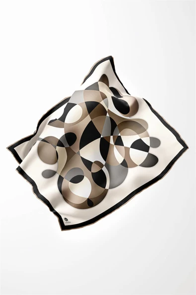 Twill Geometrik Desenli Bej Renkli 90x90 Eşarp (İpek İçermez) Kenar Dikiş Şekli El Dikişli - Resim 3