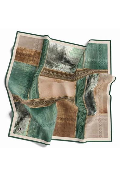 Twill Dokulu Ve Geometrik Desenli Petrol Yeşili Renkli 90x90 Eşarp (İpek İçermez) Dikim Şekli : El Dikişi - Resim 2