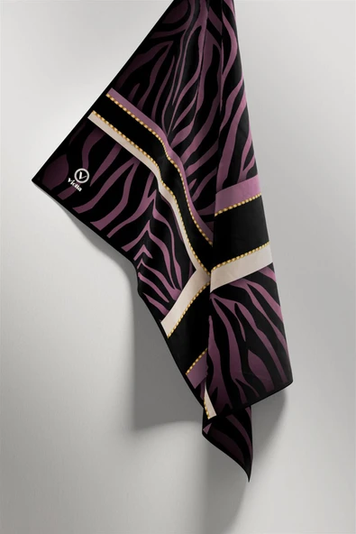 Twill Zebra Desenli Siyah - Lila Renkli 90x90 Eşarp (İpek İçermez) Dikim Şekli : El Dikişi - Resim 4