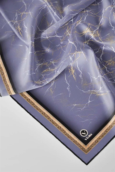 Twill Barok Çerçeveli Mermer Desenli İndigo Renkli 90x90 Eşarp (İpek İçermez) Kenar Dikiş Şekli El Dikişli - Resim 3