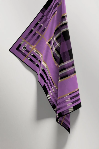 Twill Kemerli ve Ekose Desenli Lila Renkli 90x90 Eşarp (İpek İçermez)Kenar Dikiş Şekli El Dikişli - Resim 3