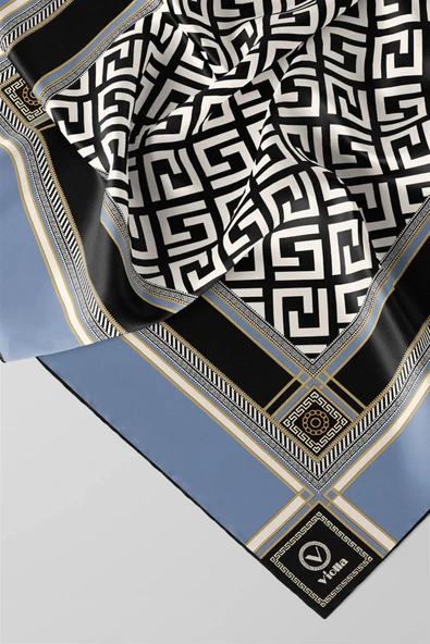 Twill Antik Desenli Bebe Mavisi Renkli 90x90 Eşarp (İpek İçermez) Kenar Dikiş Şekli El Dikişli - Resim 2