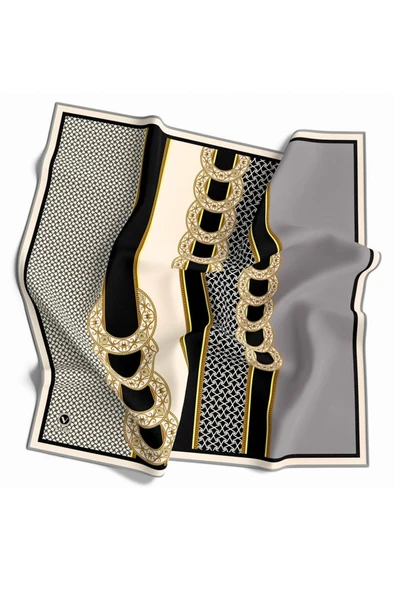 Twill Gold Kemerli Geometrik Desenli Gümüş Renkli 90x90 Eşarp (İpek İçermez) Kenar Dikiş Şekli El Dikişli ürün görseli