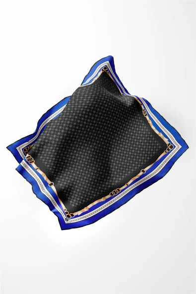 Twill Kemerli ve Çıtır Motifli Desenli Saks Renkli 90x90 Eşarp (İpek İçermez) Dikim Şekli : El Dikişi - Resim 3