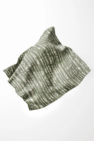 Twill Batik Şal Desenli Haki Renkli 90x90 Eşarp (İpek İçermez) Kenar Dikiş Şekli El Dikişli - Resim 3