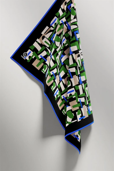 Twill Geometrik Desenli Zümrüt Yeşili - Saks Renkli 90x90 Eşarp (İpek İçermez) Dikim Şekli : El Dikişi - Resim 4