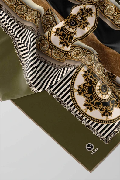 Twill Çizgili ve Barok Desenli Haki Renkli 90x90 Eşarp (İpek İçermez) Kenar Dikiş Şekli El Dikişli - Resim 2