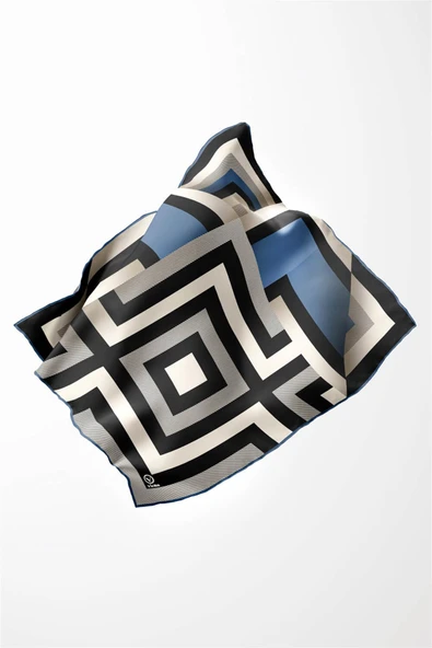 Twill Geometrik Desenli İndigo Renkli 90x90 Eşarp (İpek İçermez) Dikim Şekli : El Dikişi - Resim 5