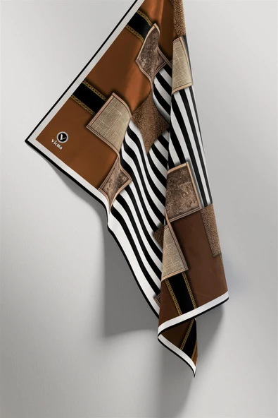 Twill Geometrik Ve Çizgili Desenli Taba Renkli 90x90 Eşarp (İpek İçermez) Dikim Şekli : El Dikişi - Resim 5