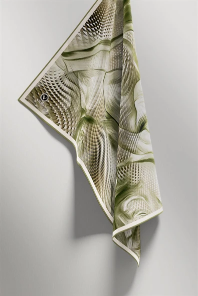 Twill Geometrik Ve Dalga Desenli Mint Yeşili Renkli 90x90 Eşarp (İpek İçermez) Dikim Şekli : El Dikişi - Resim 4