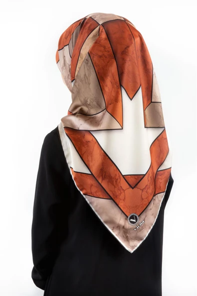 Twill Mermer Desenli Taba - Bej Renkli 90x90 Eşarp (İpek İçermez) Kenar Dikiş Şekli El Dikişli ürün görseli