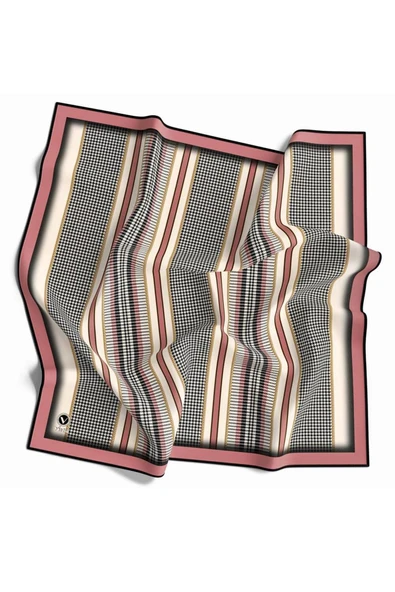 Twill Kazayaklı Şerit Desenli Pudra Renkli 90x90 Eşarp (İpek İçermez) Kenar Dikiş Şekli El Dikişli ürün görseli