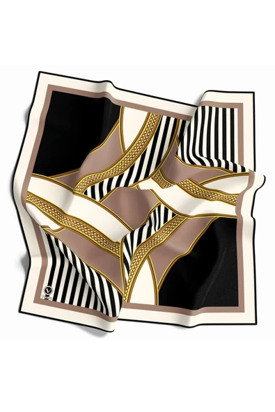 Twill Gold Detaylı Çizgili Geometrik Desenli Gül Kurusu Renkli 90x90 Eşarp (İpek İçermez) Dikim Şekli : El Dikişi ürün görseli
