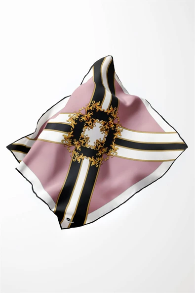 Twill Barok Desenli Pudra - Siyah Renkli 90x90 Dikim Şekli : El Dikişi Eşarp (İpek İçermez) - Resim 3