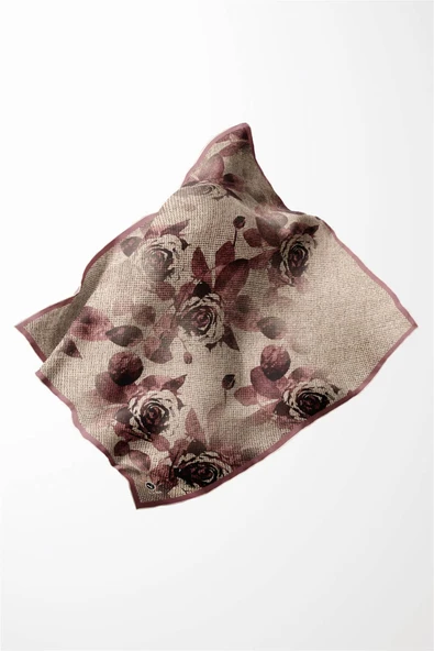 Twill Gül Desenli Pudra Renkli 90x90 Eşarp (İpek İçermez) Kenar Dikiş Şekli El Dikişli - Resim 3
