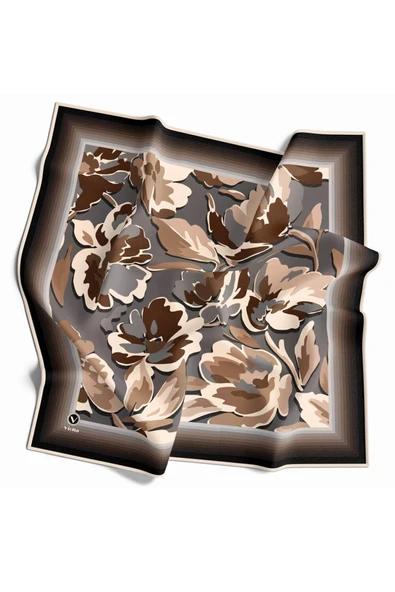 Rayon Büyük Çiçekli Gri - Bej Renkli 90x90 Eşarp (İpek İçermez) Kenar Dikiş Şekli El Dikişli - Resim 2