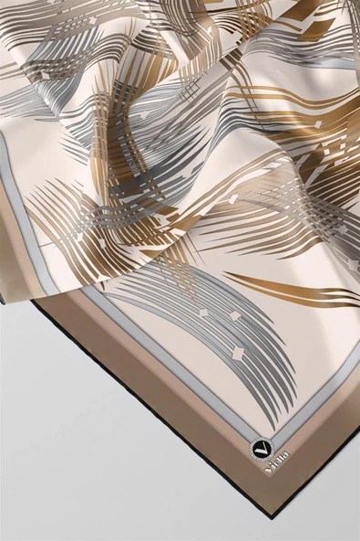 Twill Geometrik Desenli Bej Renkli 90x90 Eşarp (İpek İçermez) Kenar Dikiş Şekli El Dikişli - Resim 2