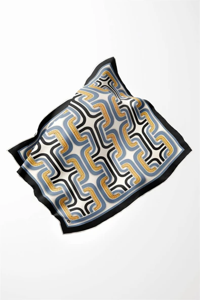 Twill Geometrik Zincir Desenli İndigo Renkli 90x90 Eşarp (İpek İçermez) Kenar Dikiş Şekli El Dikişli - Resim 4