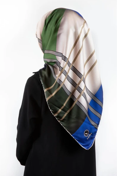 Twill Geometrik Desenli Zümrüt Yeşili - Saks Renkli 90x90 Eşarp (İpek İçermez) Kenar Dikiş Şekli El Dikişli ürün görseli